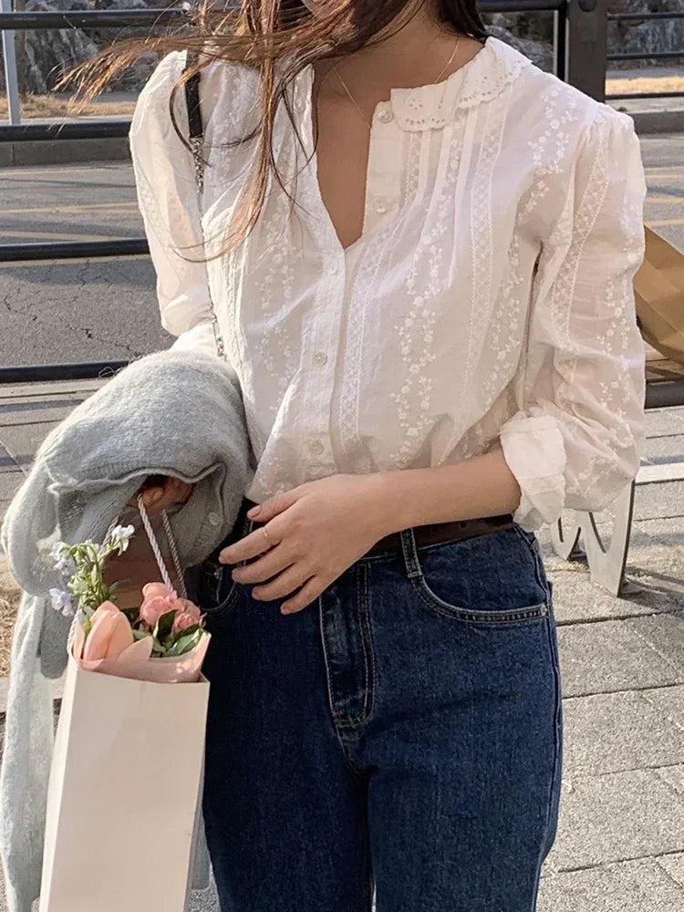 Lace Bubble Sleeve Shirt – Round Neck Spring Top