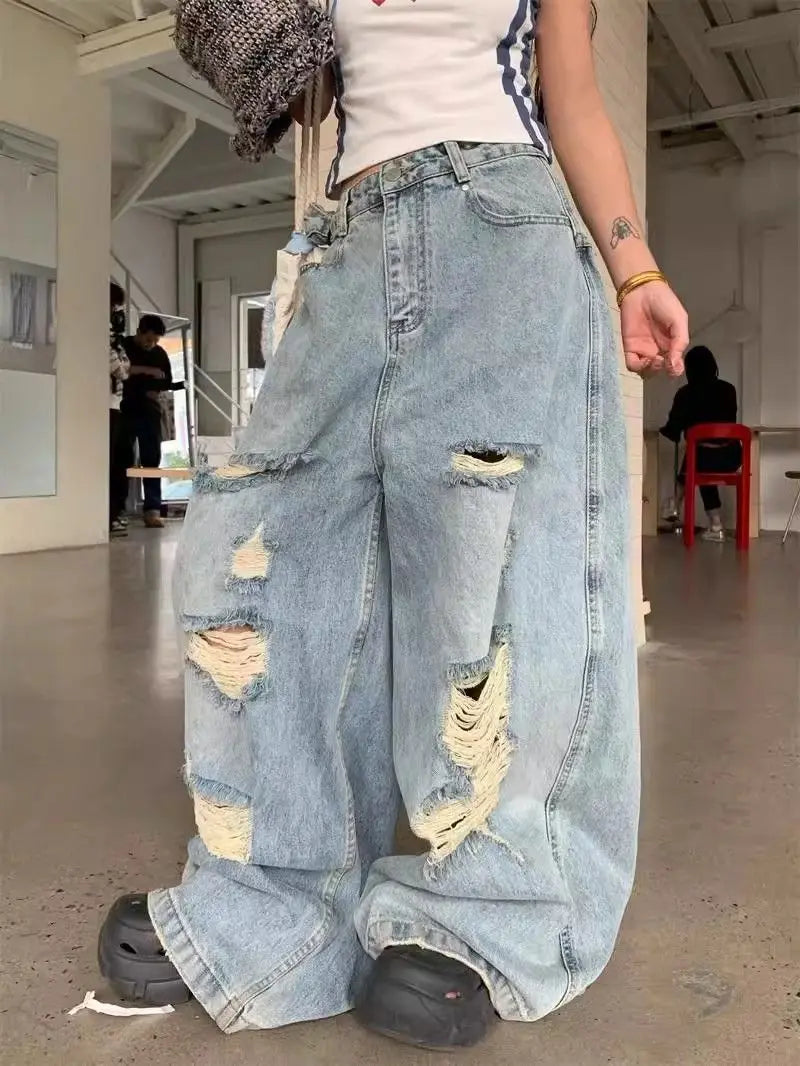 Oversize Vintage Ripped Wide-Leg Jeans – Casual Baggy Denim Pants