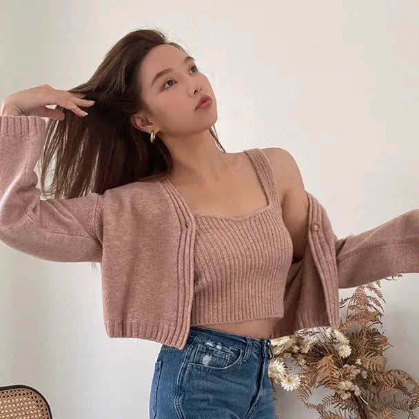 Slim Knit Camisole Cardigan Set – V-Neck 2-Piece
