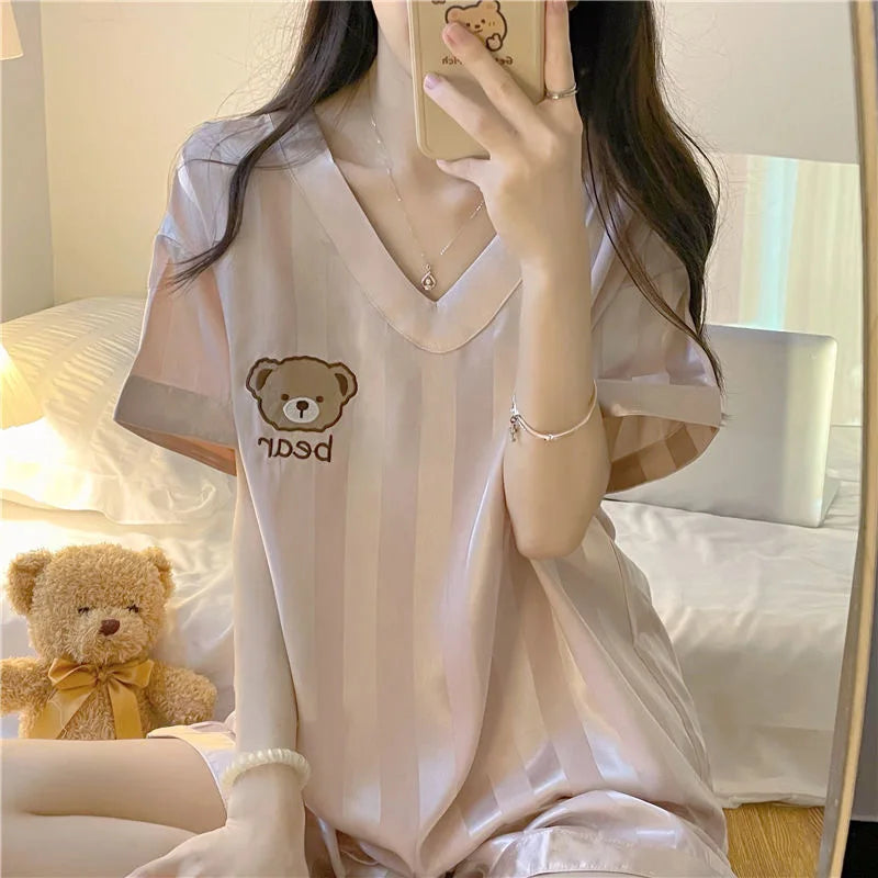 Bear Satin Pajama Set – Short-Sleeve Top & Shorts, Cute Sleepwear