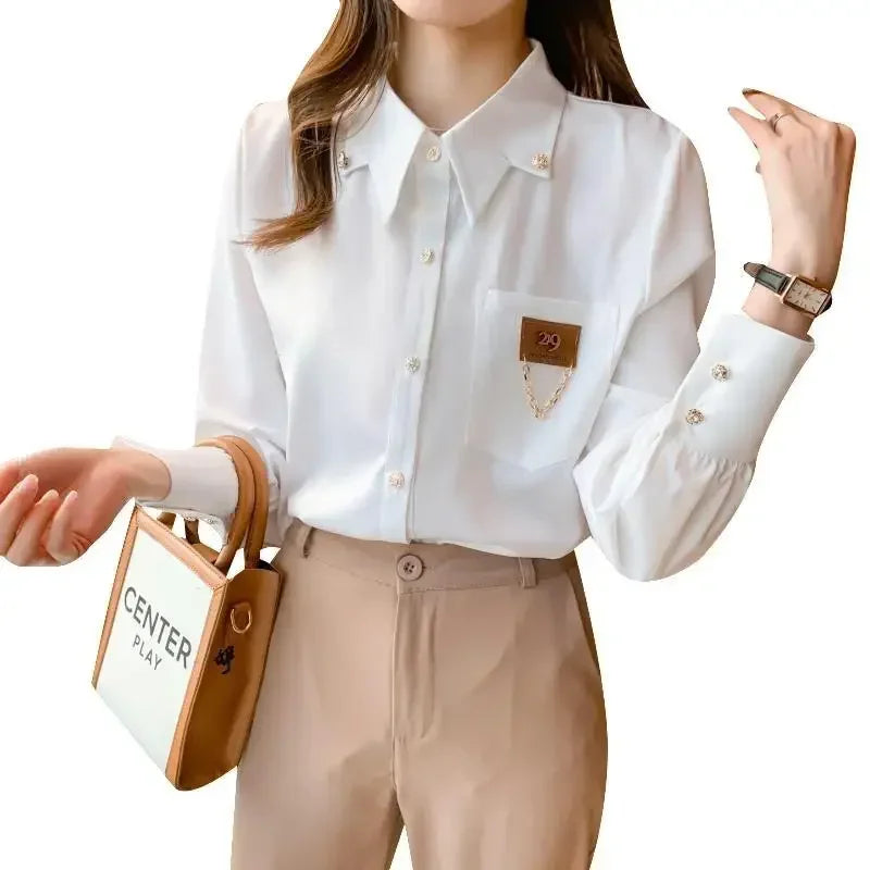White Chiffon Shirt – Polo Neck Long Sleeve
