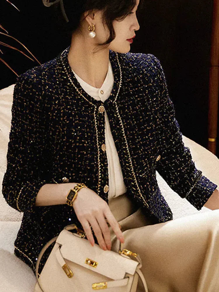 Tweed O-Neck Crop Jacket – Elegant Black Blazer