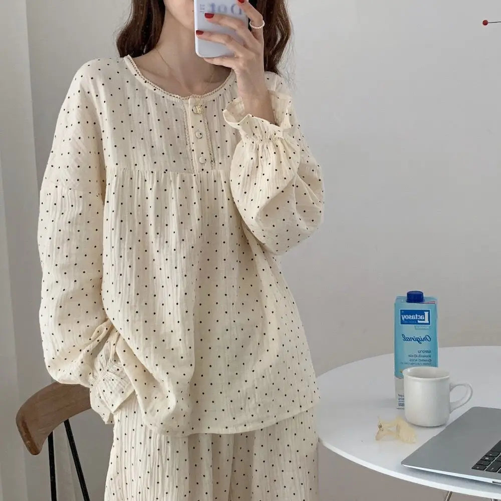 Polka Dot Long Sleeve Pajama Set – Two-Piece Nightwear