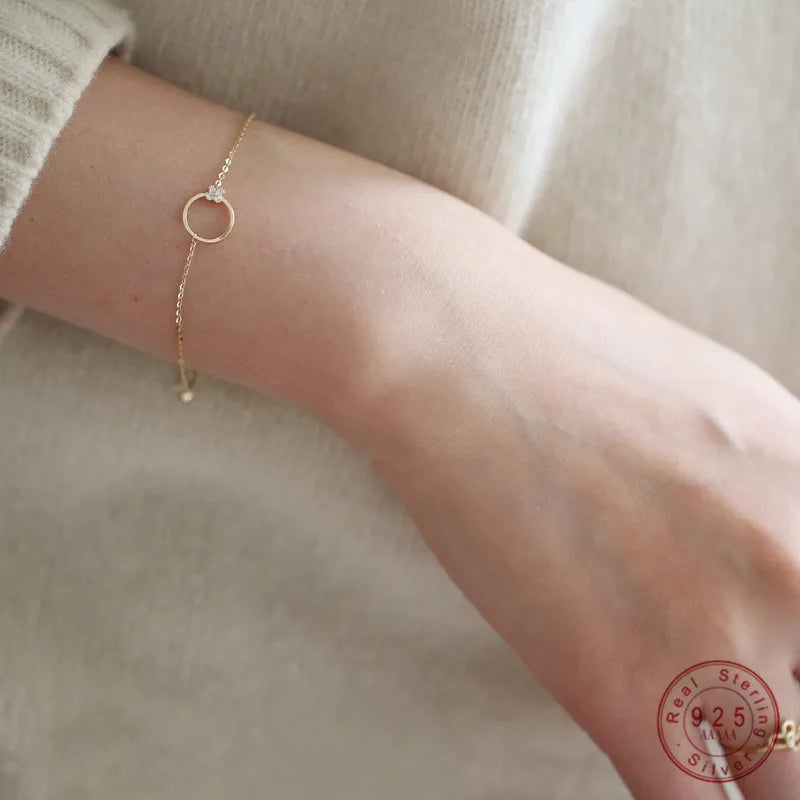 925 Sterling Silver 14K Gold Plated Circle Zircon Bracelet