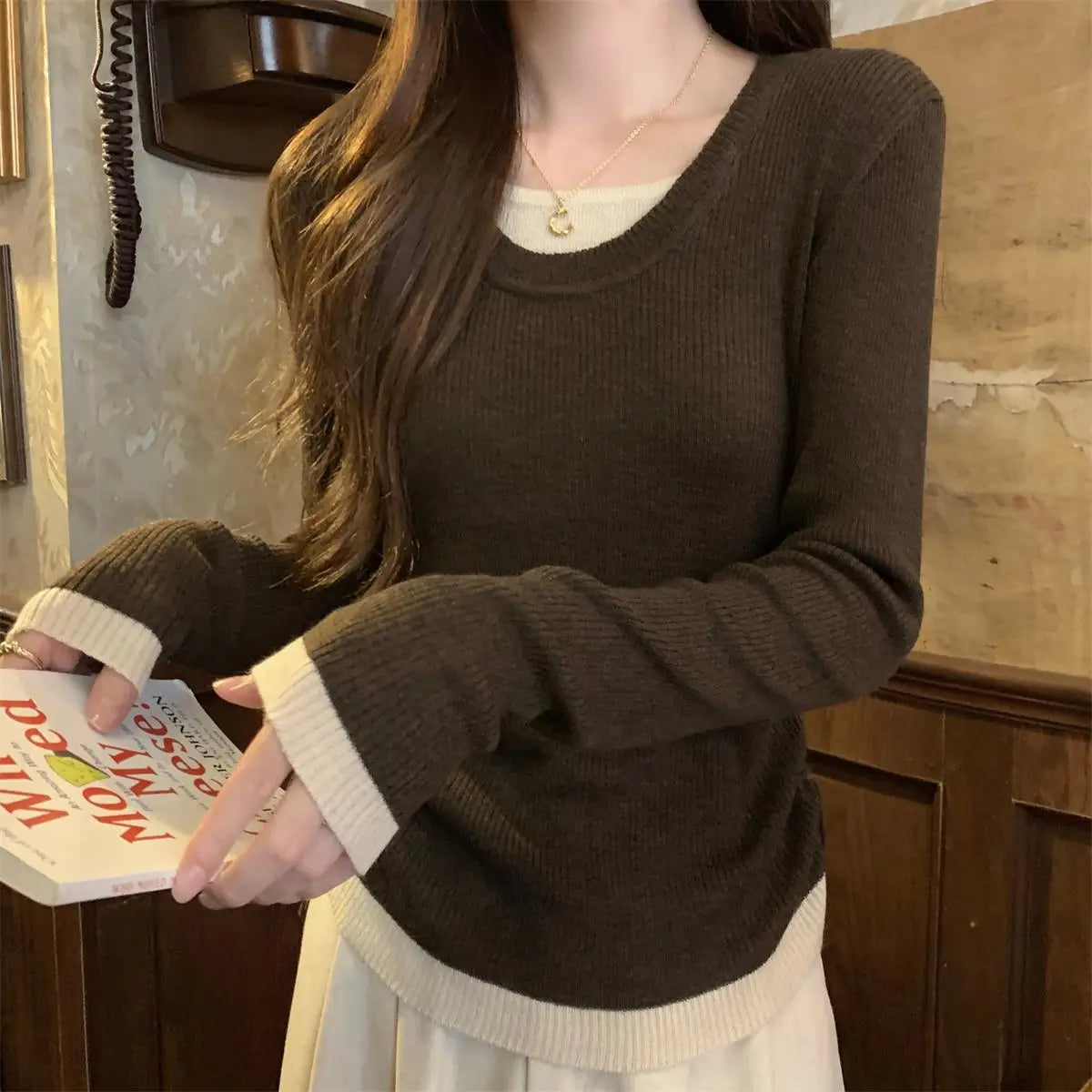 Patchwork Drawstring Lace-Up Sweater – Brown Long Sleeve Knit