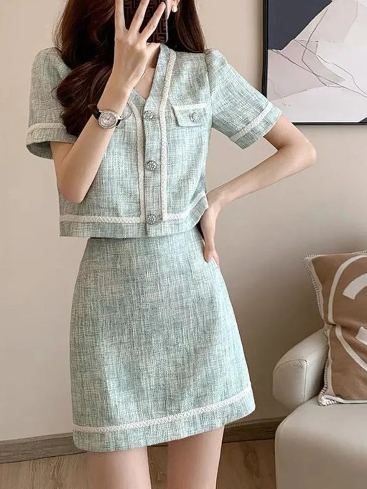 French Vintage Two-Piece Set – Short Jacket Coat + Mini Skirt