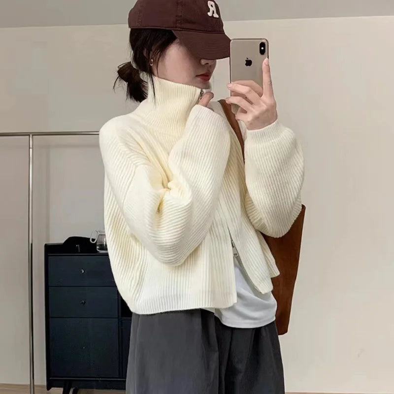 Stand Collar Knit Coat – Double Zipper Long Sleeve Casual Jacket