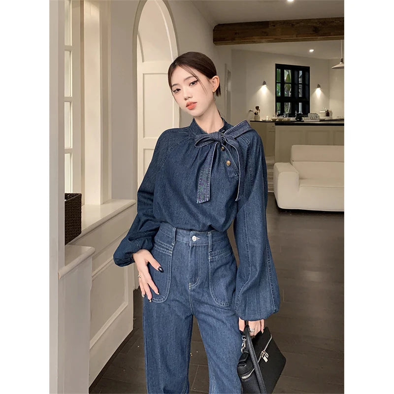 Denim Shirt – Puff Long Sleeve Bandage Blouse