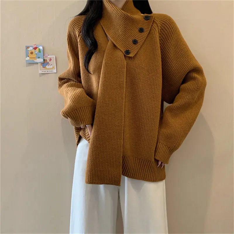 Removable Scarf Knit Sweater – Solid Color, Loose Fit