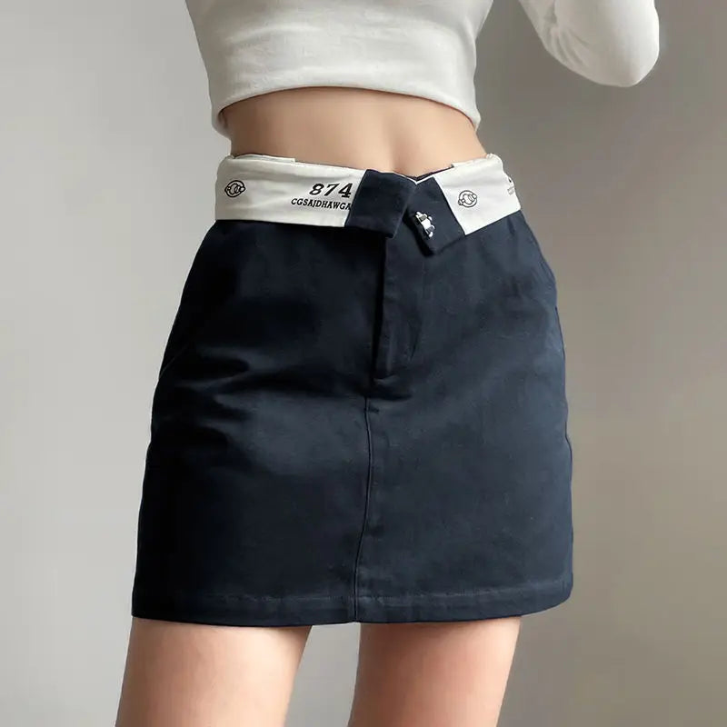 Retro Hip-Hop Skirt – High Waist Lapel Mini Skirt