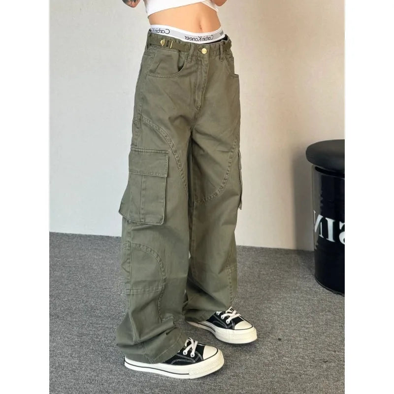 Green Vintage Cargo Pants – Multiple Pockets Baggy Hip Hop Style