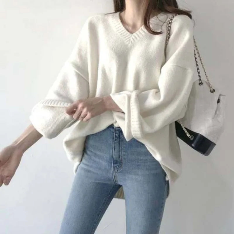 Loose V-Neck Sweater – Solid Color Knit Office Wear