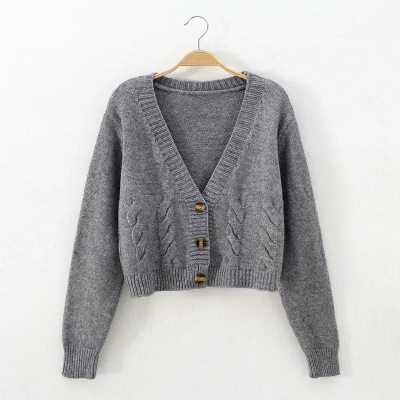 V-Neck Cropped Twist Knit Cardigan – Long Sleeve Slim Fit