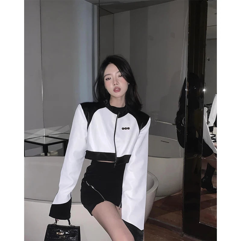 Cropped PU Leather Jacket Women Patchwork Motorcycle Short Coat Vintage Streetwear
