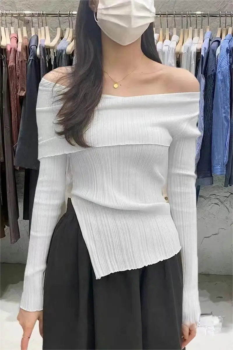 Split Irregular Off-Shoulder Top – Black Long Sleeve Sweater