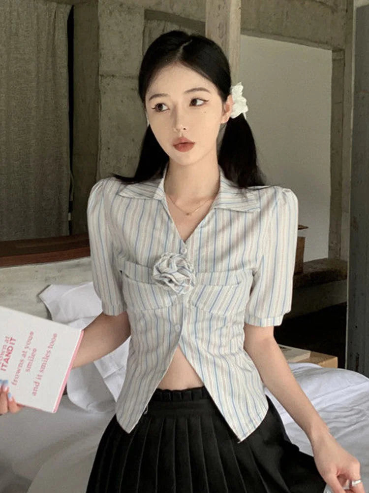 3D Floral Sweet Striped Blouse – Summer Vintage