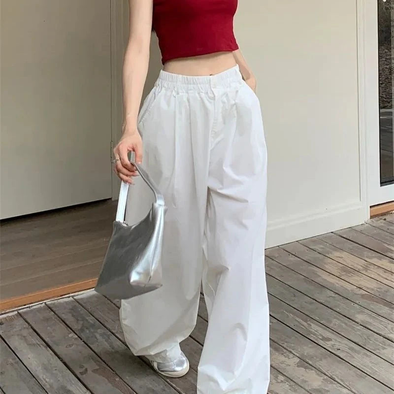 White Oversized Pants – Elastic High Waist Loose Jogging Trousers