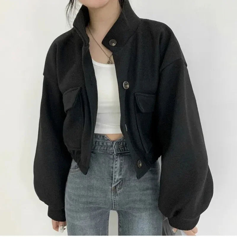 Solid Stand Collar Jacket – Vintage Loose Fit for Fall