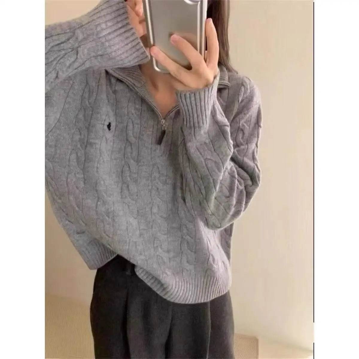 Vintage Knitted Pullover – Zipper Solid Sweater