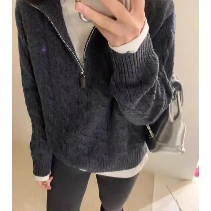 Vintage Knitted Pullover – Zipper Solid Sweater