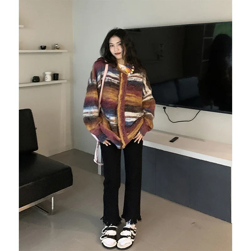 Vintage Striped Knit Cardigan – Patchwork Knit Streetwear