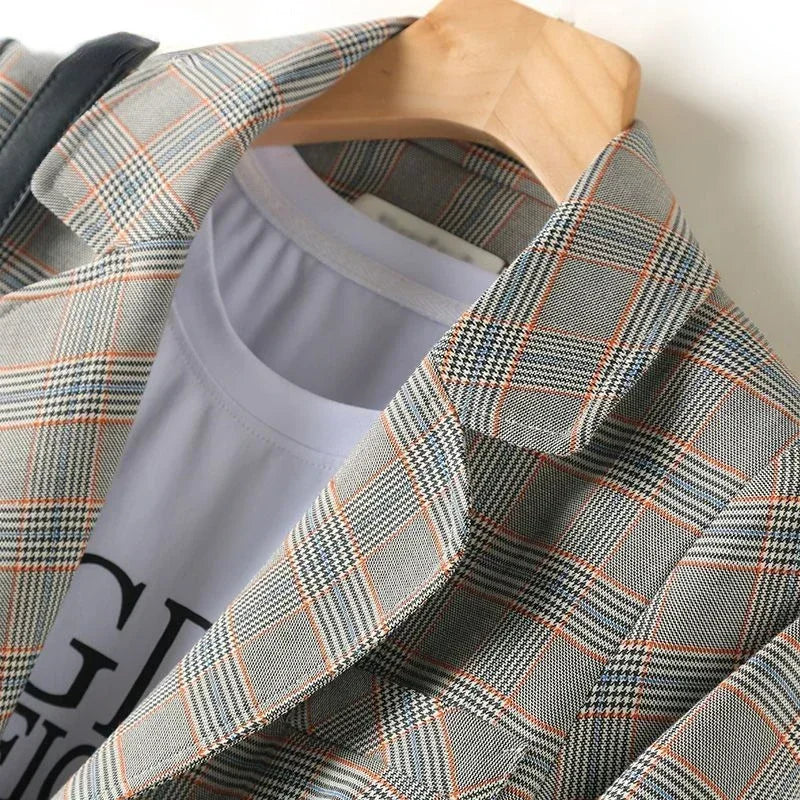 Vintage Plaid Suit – Single-Breasted Long Blazer