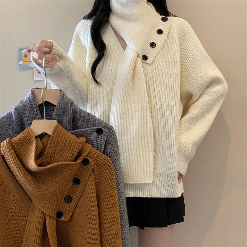 Removable Scarf Knit Sweater – Solid Color, Loose Fit