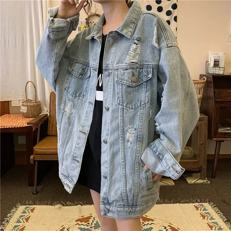 Ripped Oversized Denim Jacket – Vintage Wash