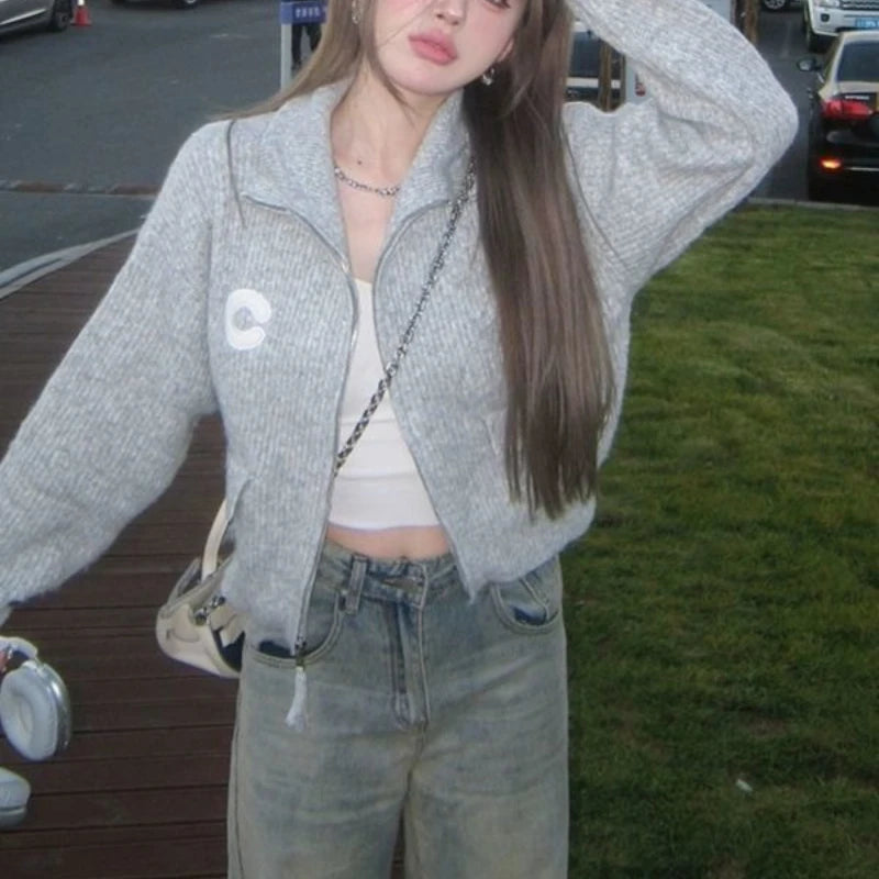 Vintage Grey Zip-Up Knit Cardigan – Cropped Loose Fit Streetwear