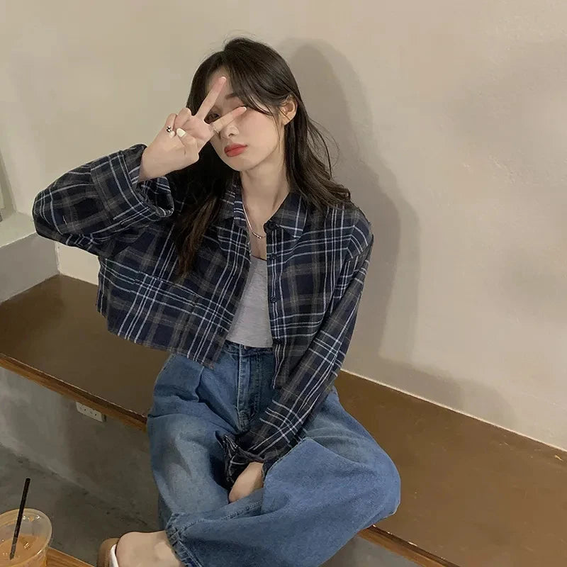 Crop Plaid Long Sleeve Shirt – Loose Fit