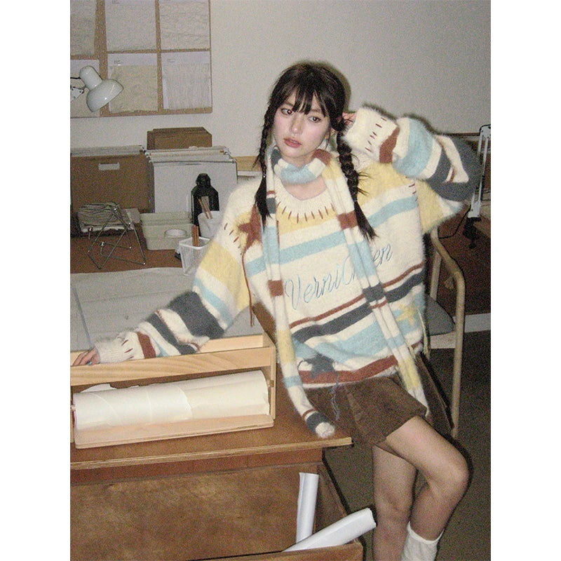 Striped Sweater with Scarf – Long Sleeve Knit Winter Jumper