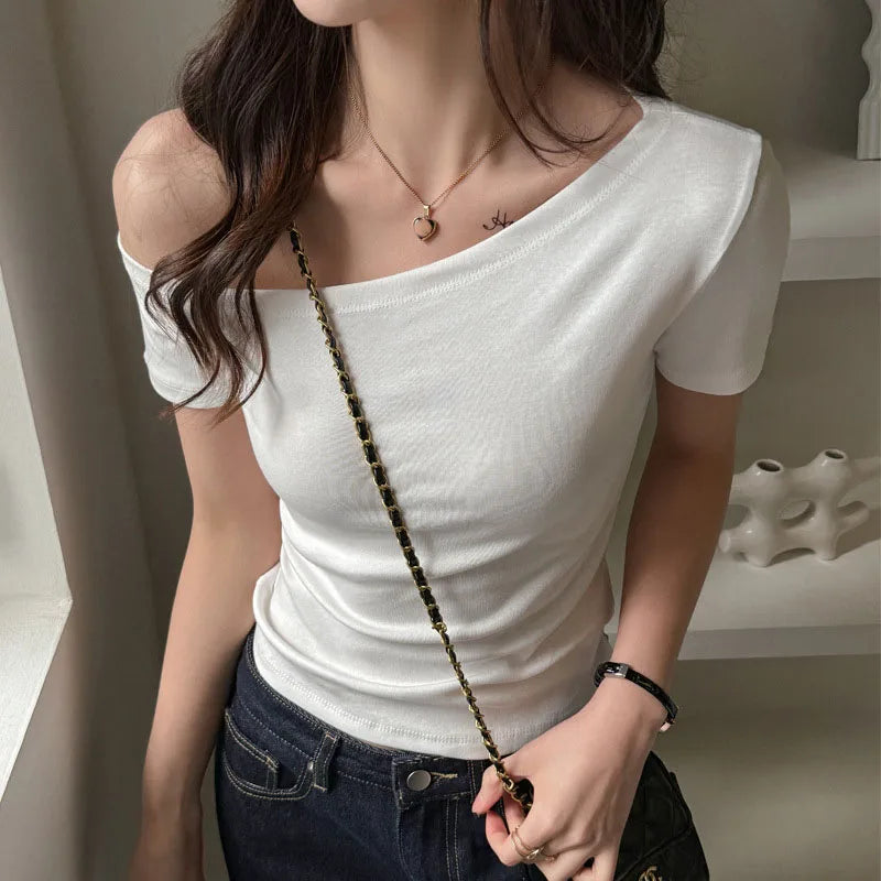 One-Shoulder Short Sleeve Tee – Black & White Contrast