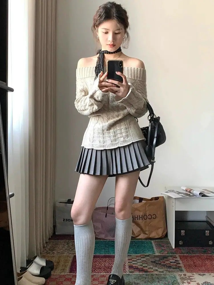 Off-Shoulder Knit Pullover – Long Sleeve