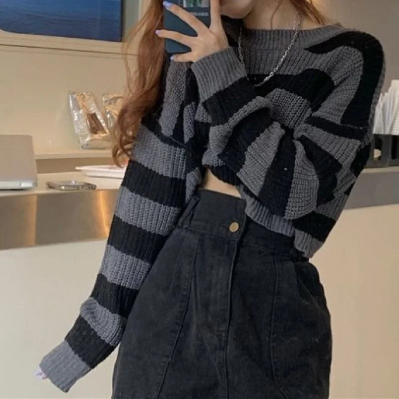 Striped Cropped Sweater – Oversize Knit Pullover