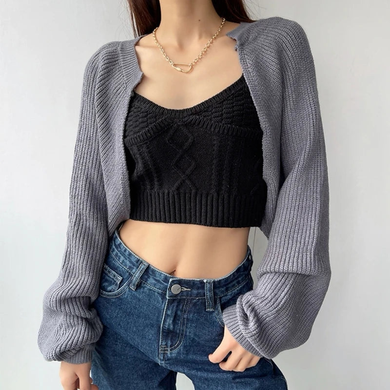 Slim Short Knit Cardigan – Lantern Sleeve Crop Fit