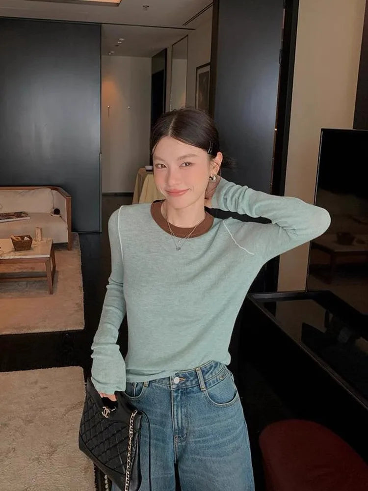 Retro Colorblock Knit Sweater – Slim Fit Long Sleeve Top