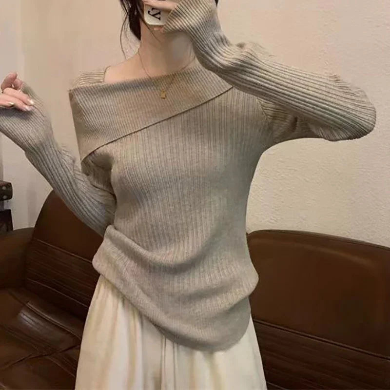 Slim Off-Shoulder Slash Neck Knit Sweater – Long Sleeve