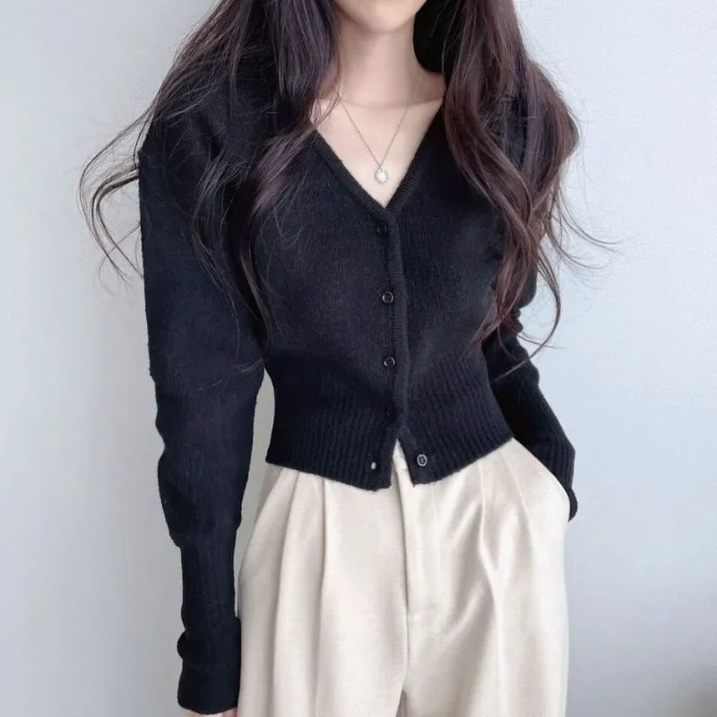 Retro Long Knit Cardigan – Slim Cropped Streetwear