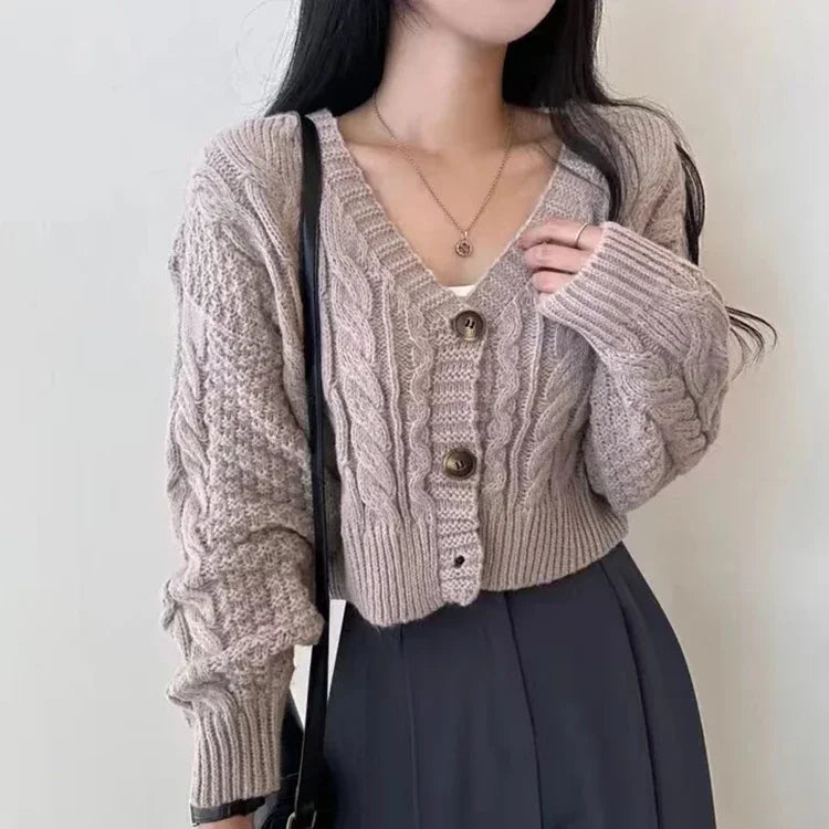 Lantern Sleeve Sweater Cardigan – Cropped Knit Top
