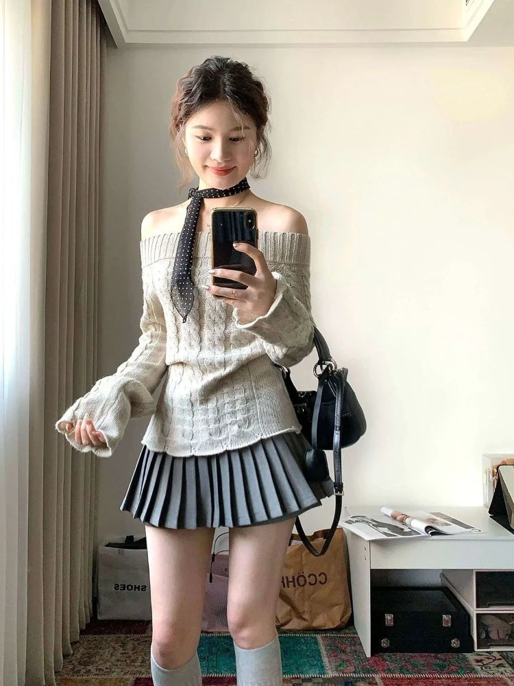 Off-Shoulder Knit Pullover – Long Sleeve