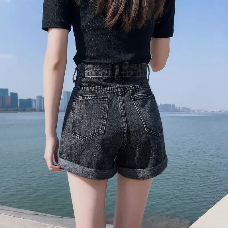 Wide Leg Denim Shorts – High Waist with Pocket Design