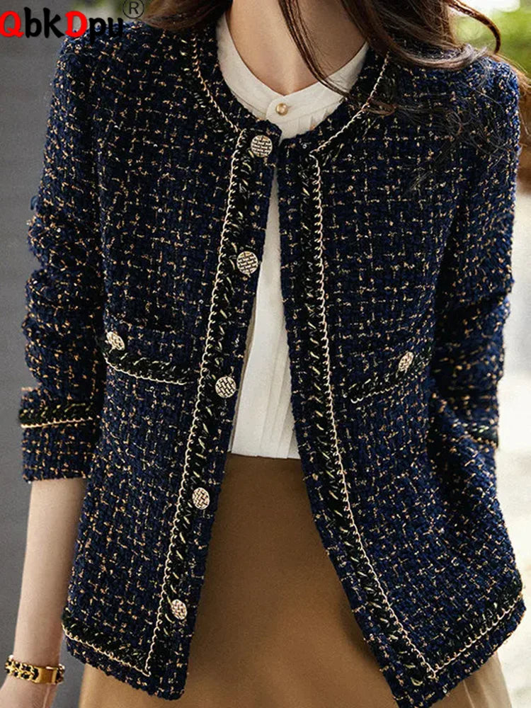 Tweed O-Neck Crop Jacket – Elegant Black Blazer
