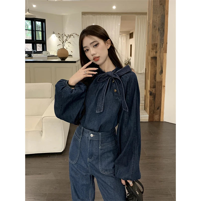 Denim Shirt – Puff Long Sleeve Bandage Blouse