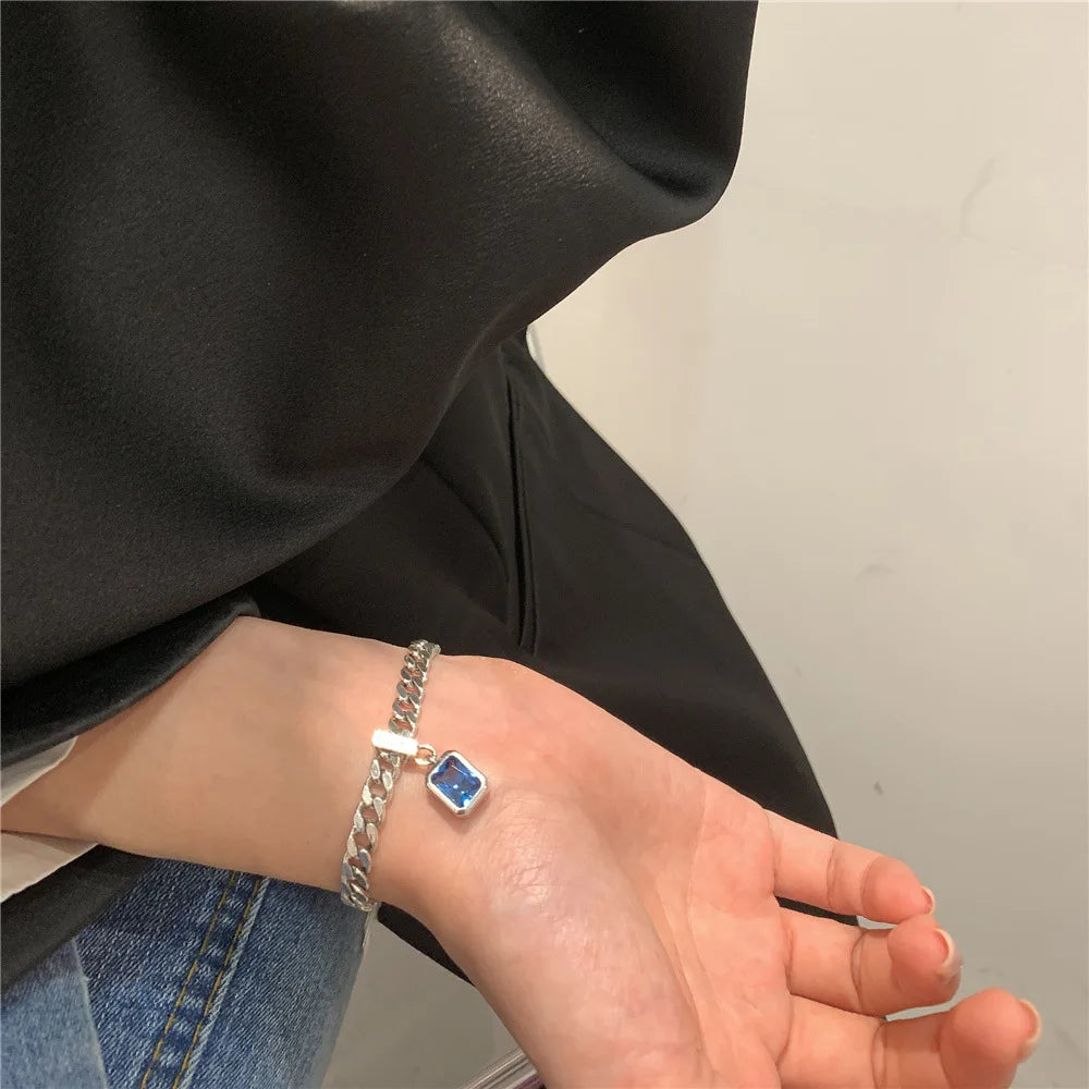 925 Sterling Silver Square Blue Crystal Bracelet