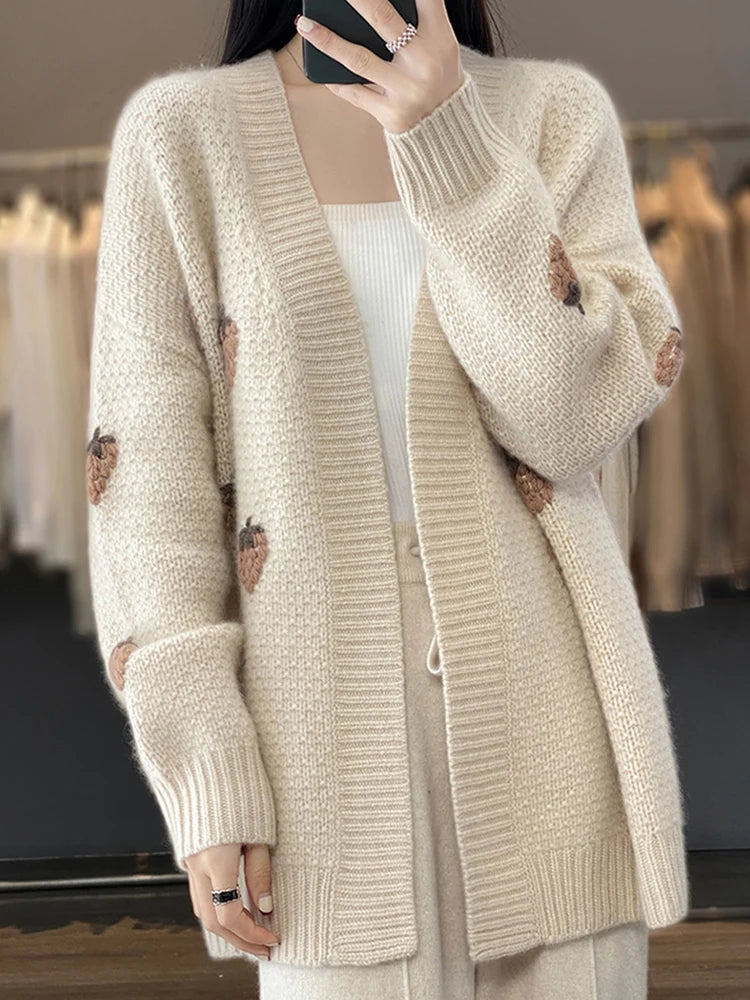 Strawberry V-Neck Knit Cardigan – Soft Embroidery Casual Outerwear