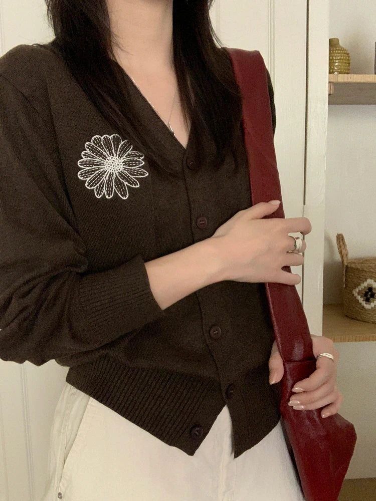 Knitted Cardigan Sweater – Long Sleeve, Embroidery Detail
