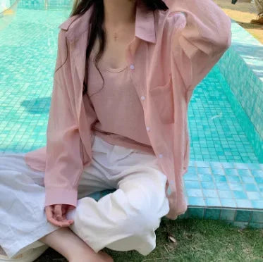 Sheer Knit Blouse – See-Through Loose V-Neck Top