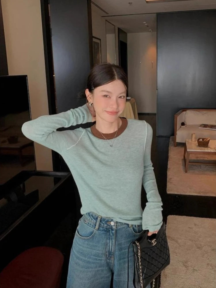 Retro Colorblock Knit Sweater – Slim Fit Long Sleeve Top