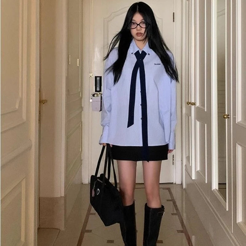 Blue Striped Long Sleeve Letter Embroidery Shirt