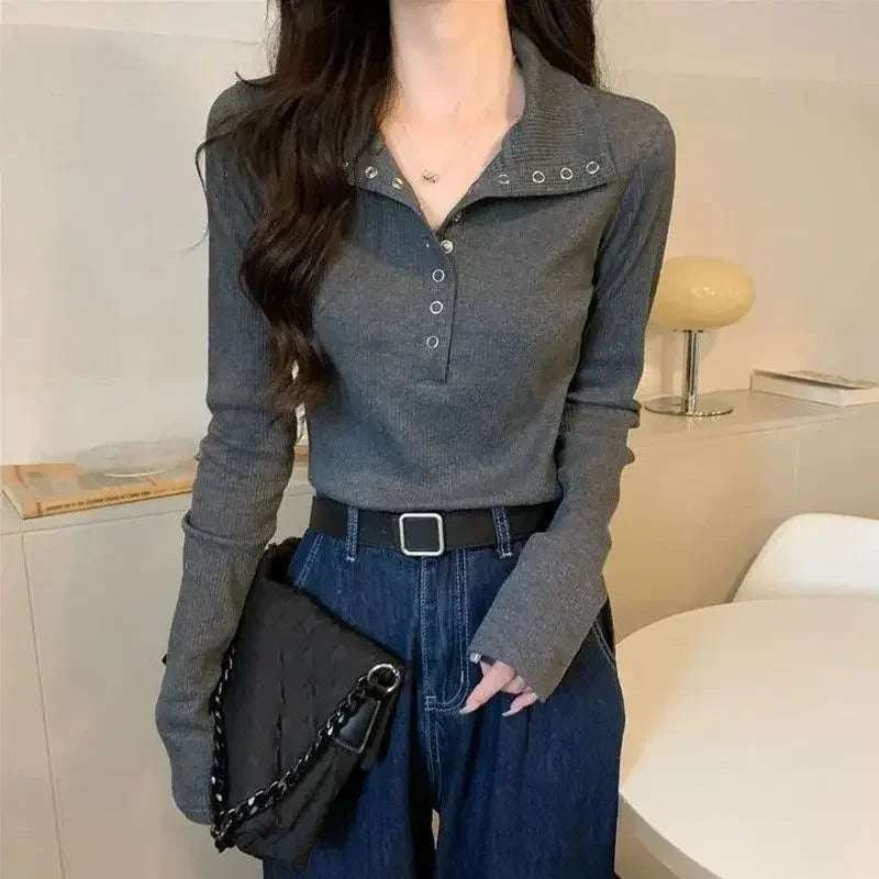 Slim Inner Knit Sweater – V-Neck Button